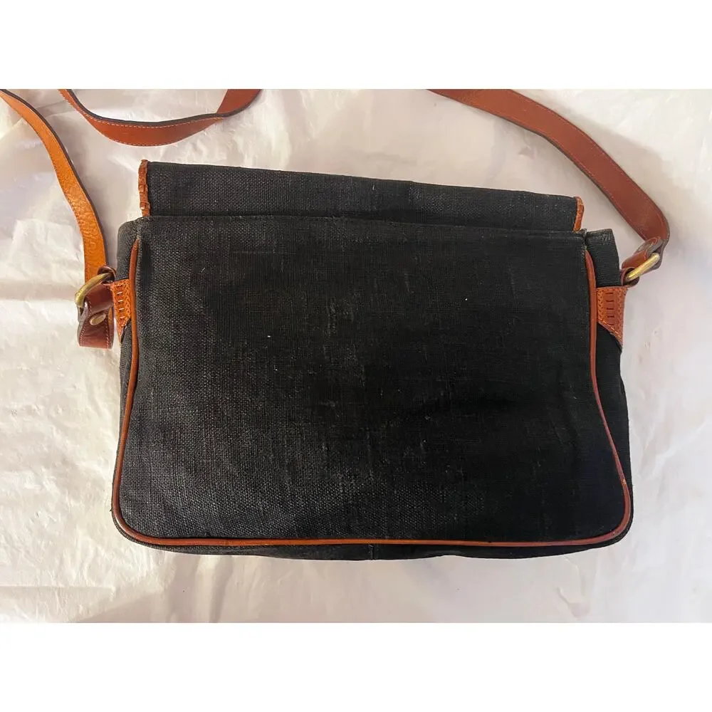 Vintage Tribout Crossbody Bag -Leather and canvas/Jeans Black and Brown